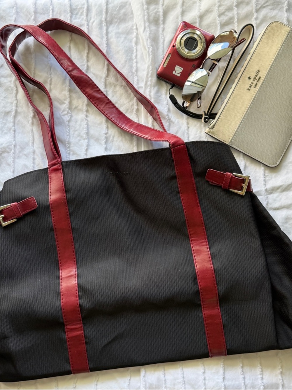 Calvin Klein Vintage Y2K Black Tote with Red Leather Straps and Buckles